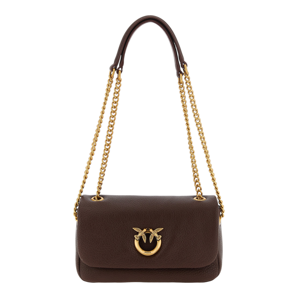 Bolso de hombro XT & Co PINKO en piel de cordero marrón con acabado martillado y hebilla Love Birds en oro antiguo.