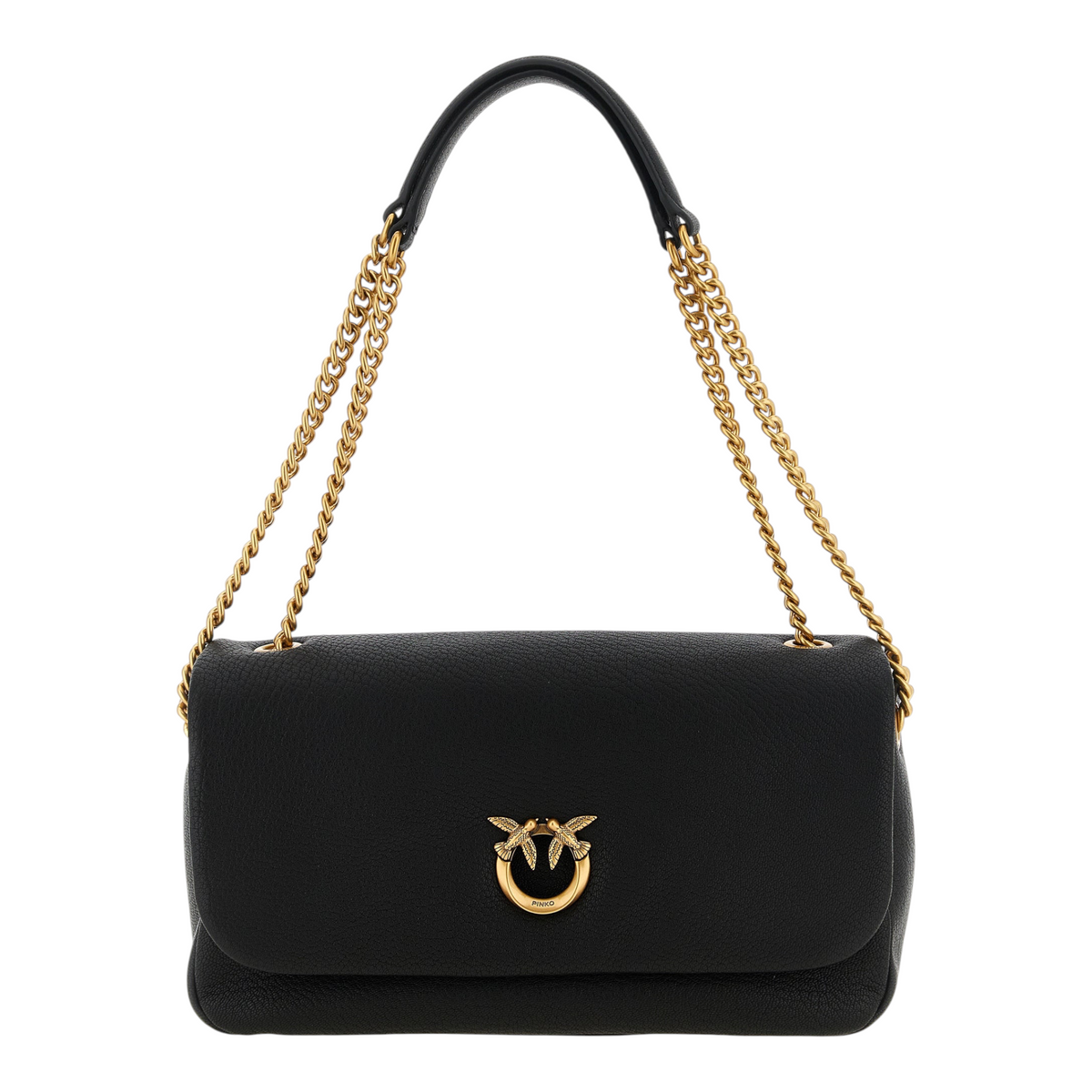 Bolso de hombro XT & Co PINKO en piel de cordero negra con acabado martillado y hebilla Love Birds dorada