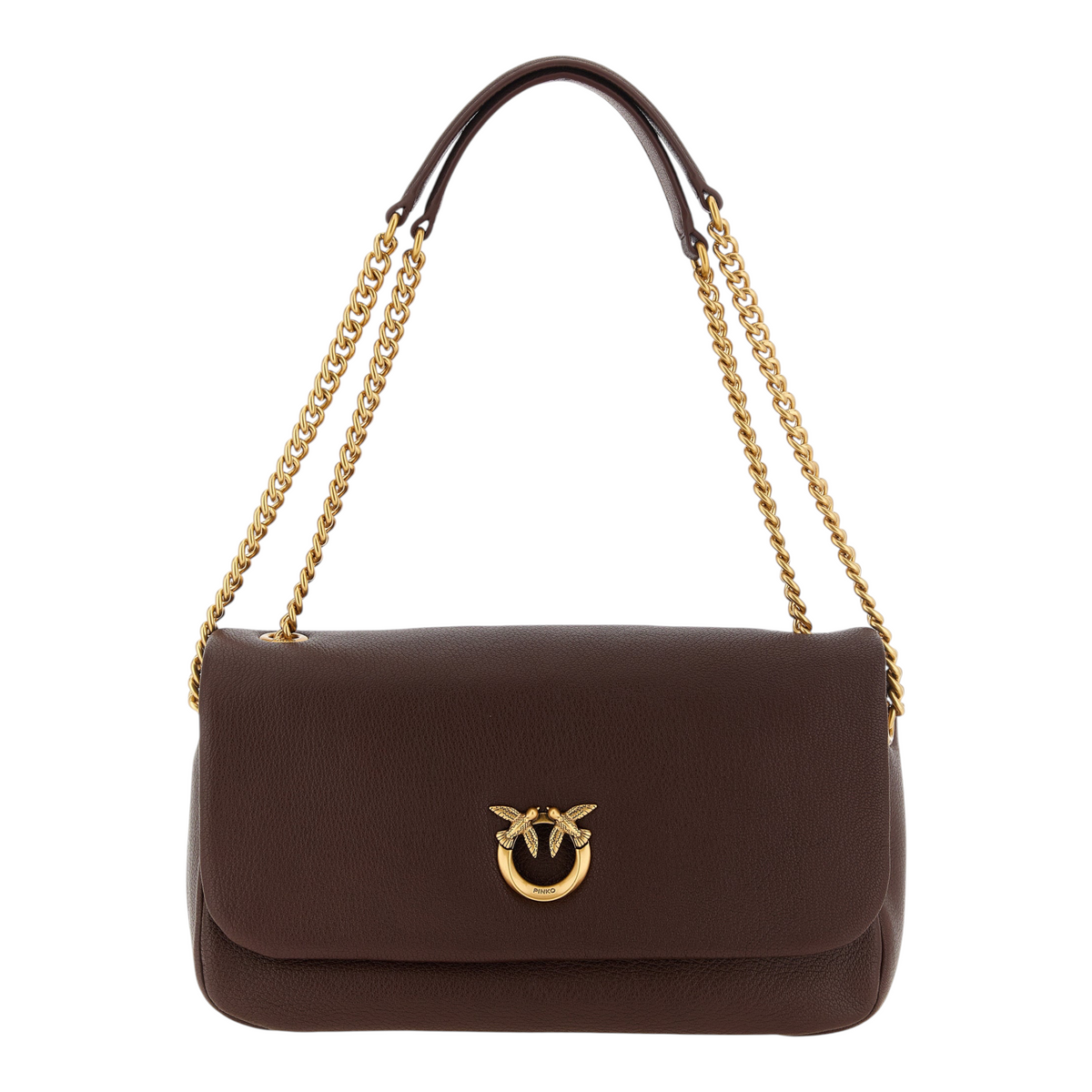 Bolso de hombro XT & Co PINKO Love Birds en piel de cordero marrón con hebilla dorada y correa de cadena deslizante.