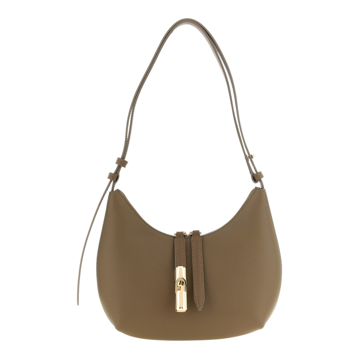 Bolso de hombro Furla Goccia S en piel de becerro beige con cierre cilíndrico dorado, disponible en XT & Co
