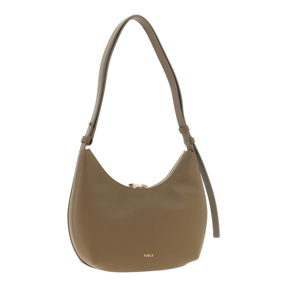 Bolso de hombro Furla Goccia S en piel de becerro beige con silueta de media luna y cierre dorado de XT & Co