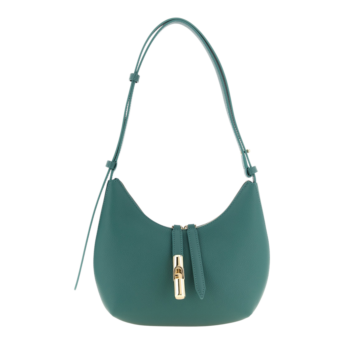 Bolso de hombro Furla Goccia S en piel verde con cierre de cremallera y logo dorado, disponible en XT & Co