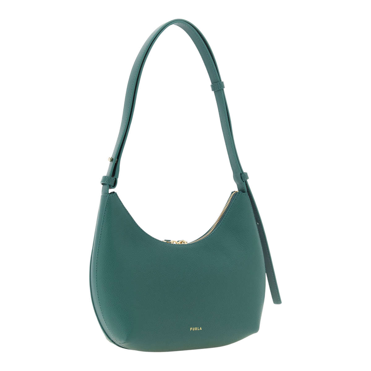 Bolso de hombro Furla Goccia S en piel de becerro verde con cierre de cremallera y logo dorado en XT & Co