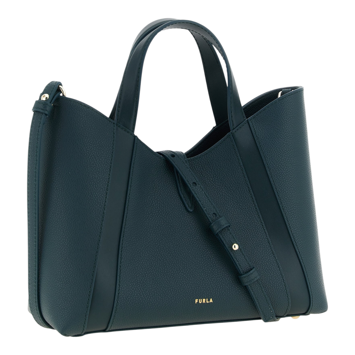 Bolso tote Furla Goccia S de XT & Co en piel de becerro granulada color verde azulado con cierre metálico dorado