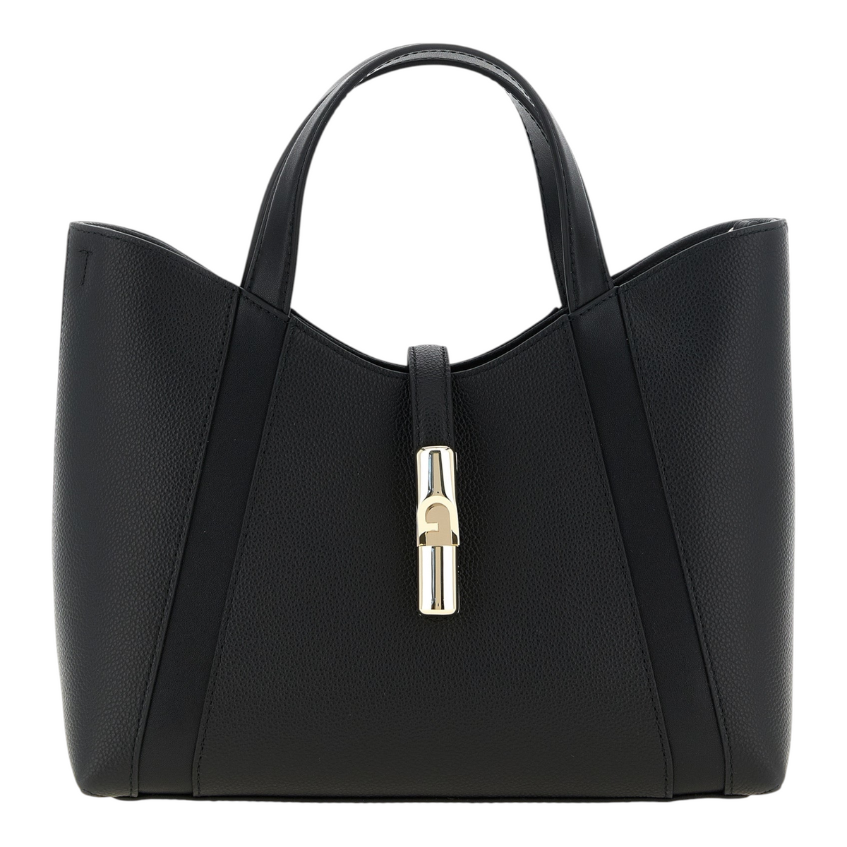 Bolso tote Furla Goccia S de XT & Co en piel de becerro negra con cierre cilíndrico dorado y asas superiores