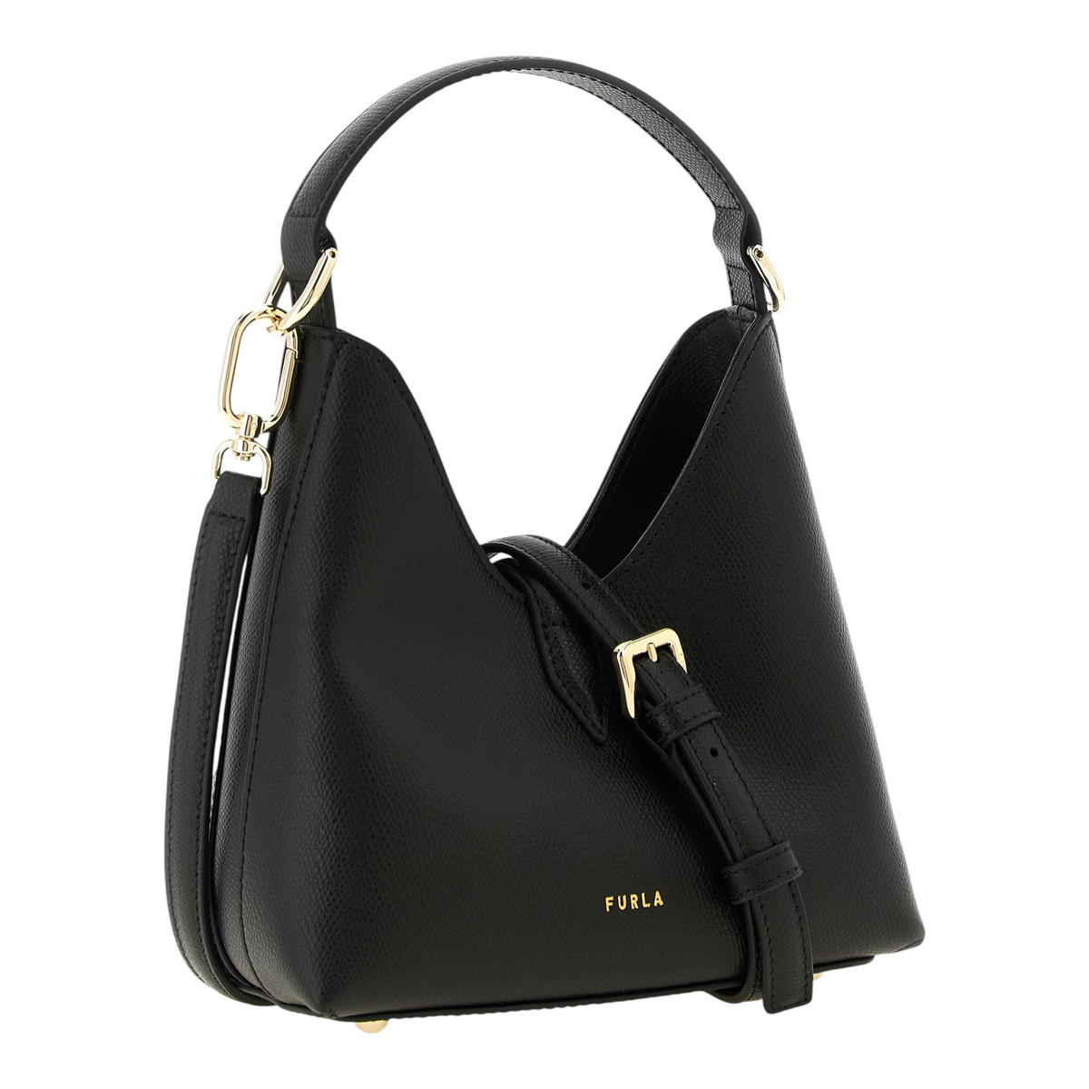 Bolso mini Furla Iride negro de piel de becerro texturizada con detalles metálicos dorados de XT & Co