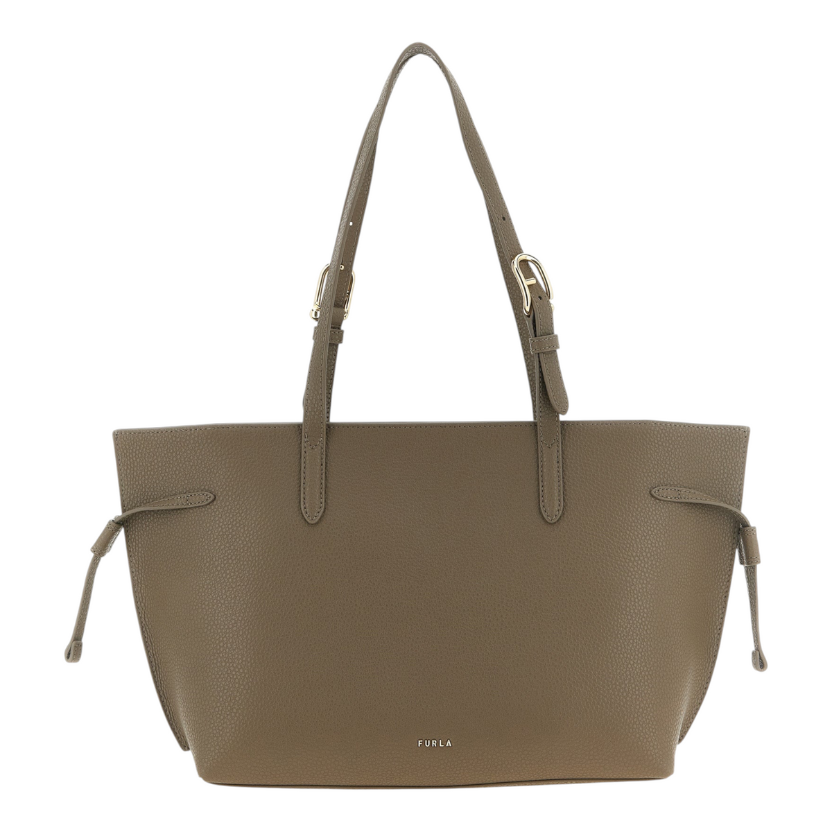 Bolso tote Furla Ava M de XT & Co en piel de becerro gris con asas ajustables y hebillas doradas.