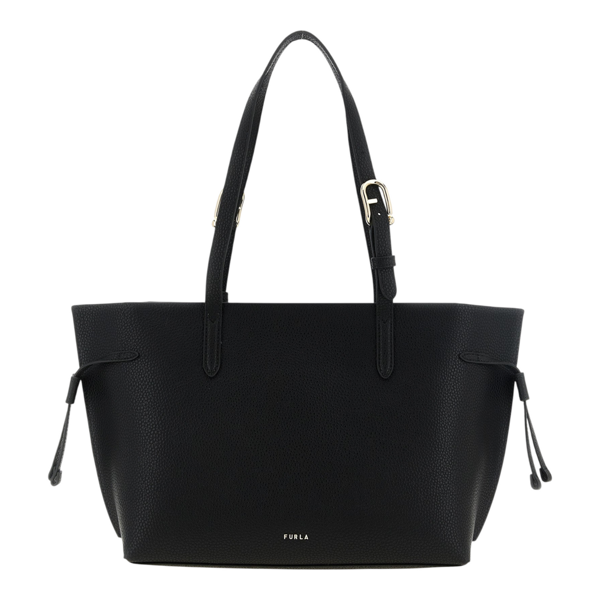 Bolso tote Furla Ava M negro de piel de becerro granulada con hebillas doradas y cordones laterales de XT & Co