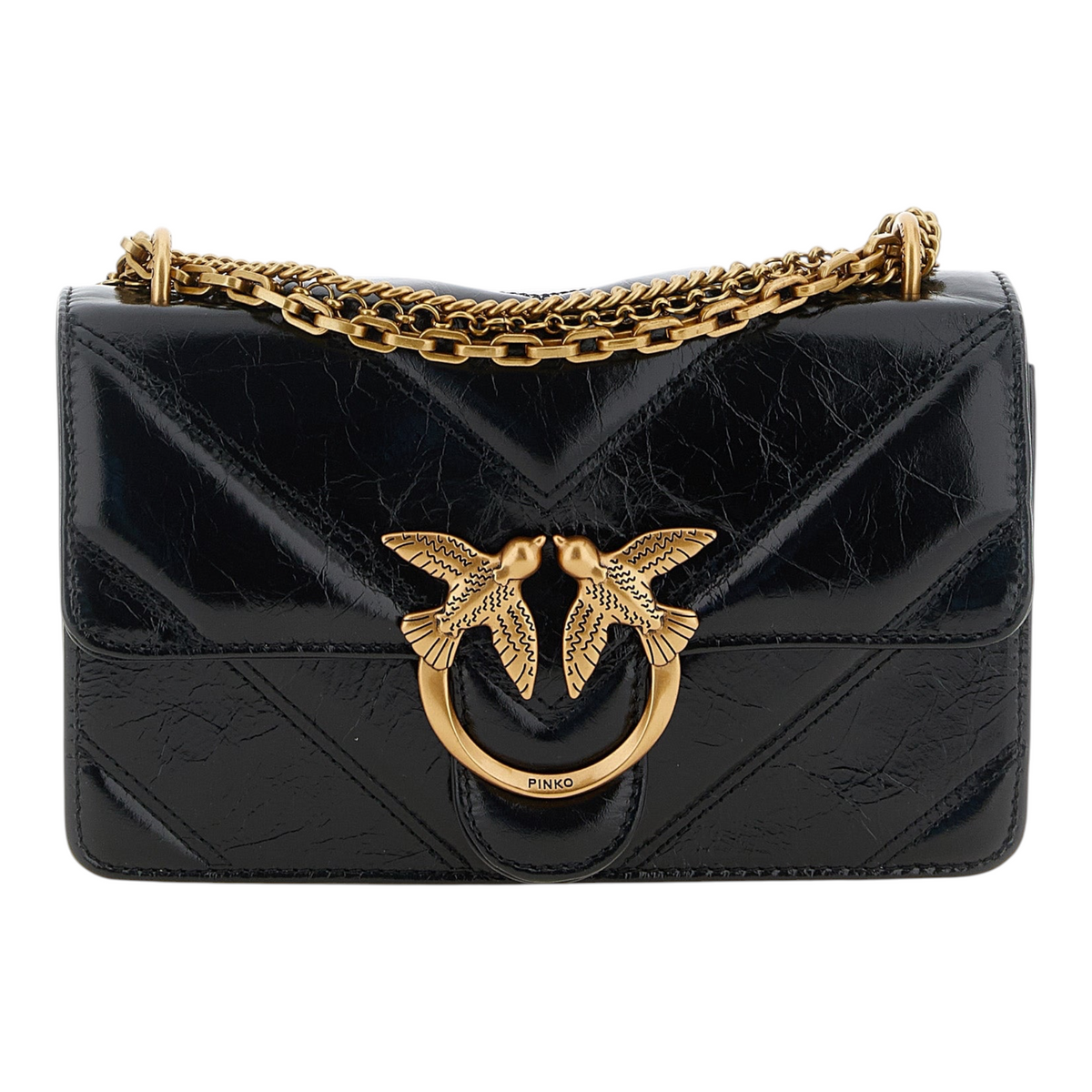 Bolso bandolera XT & Co PINKO Love Bag en piel negra con acabado brillante, acolchado chevron y hebilla dorada