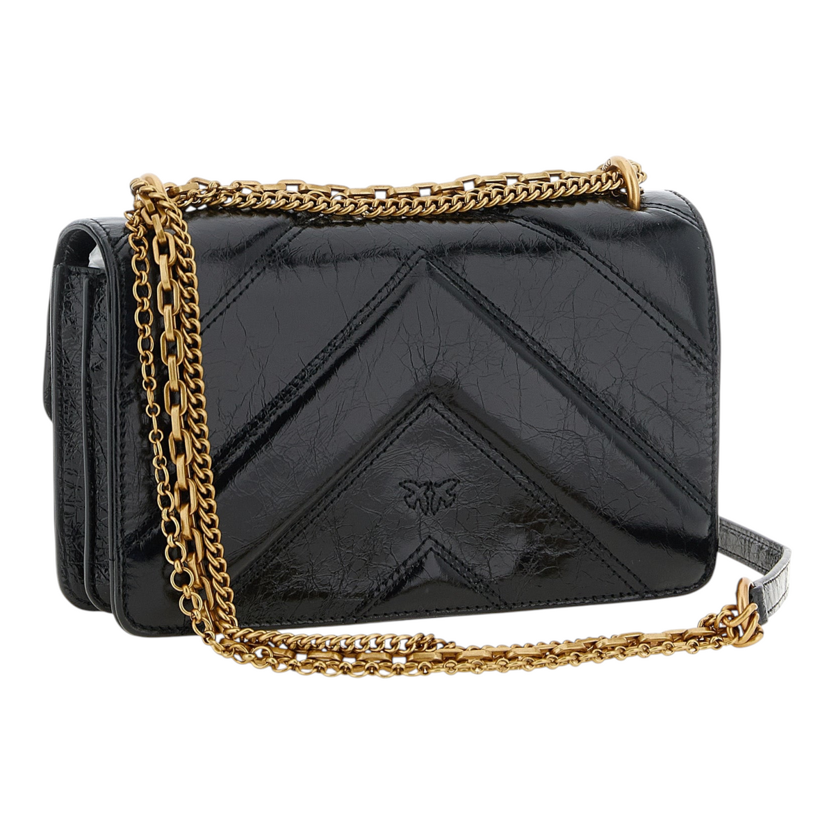Bolso bandolera XT & Co PINKO Love Bag negro de piel de becerro acolchada con hebilla Love Birds dorada y cadena
