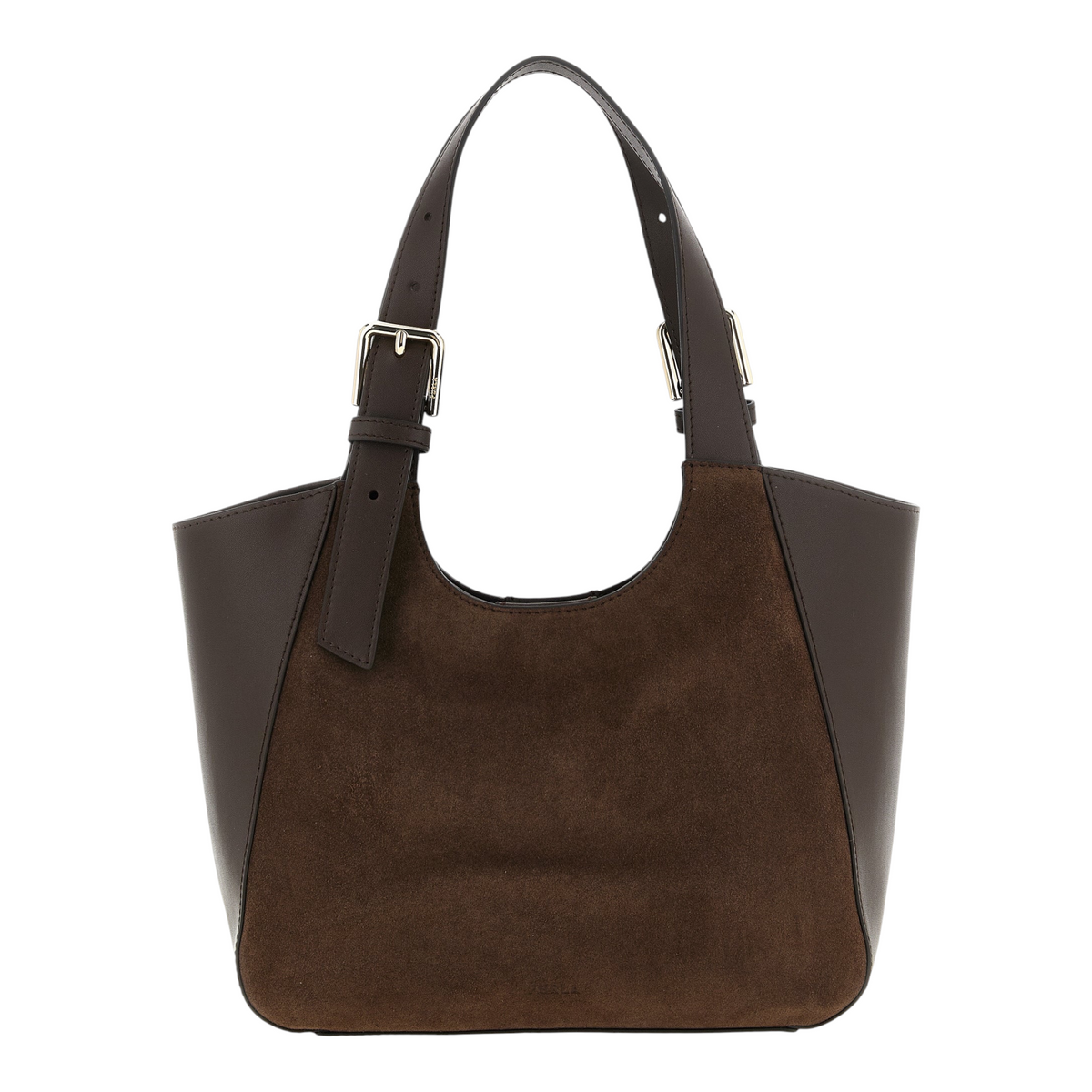 Bolso tote Furla Dora S de XT & Co en piel de becerro marrón y ante con asas ajustables y hebillas metálicas.