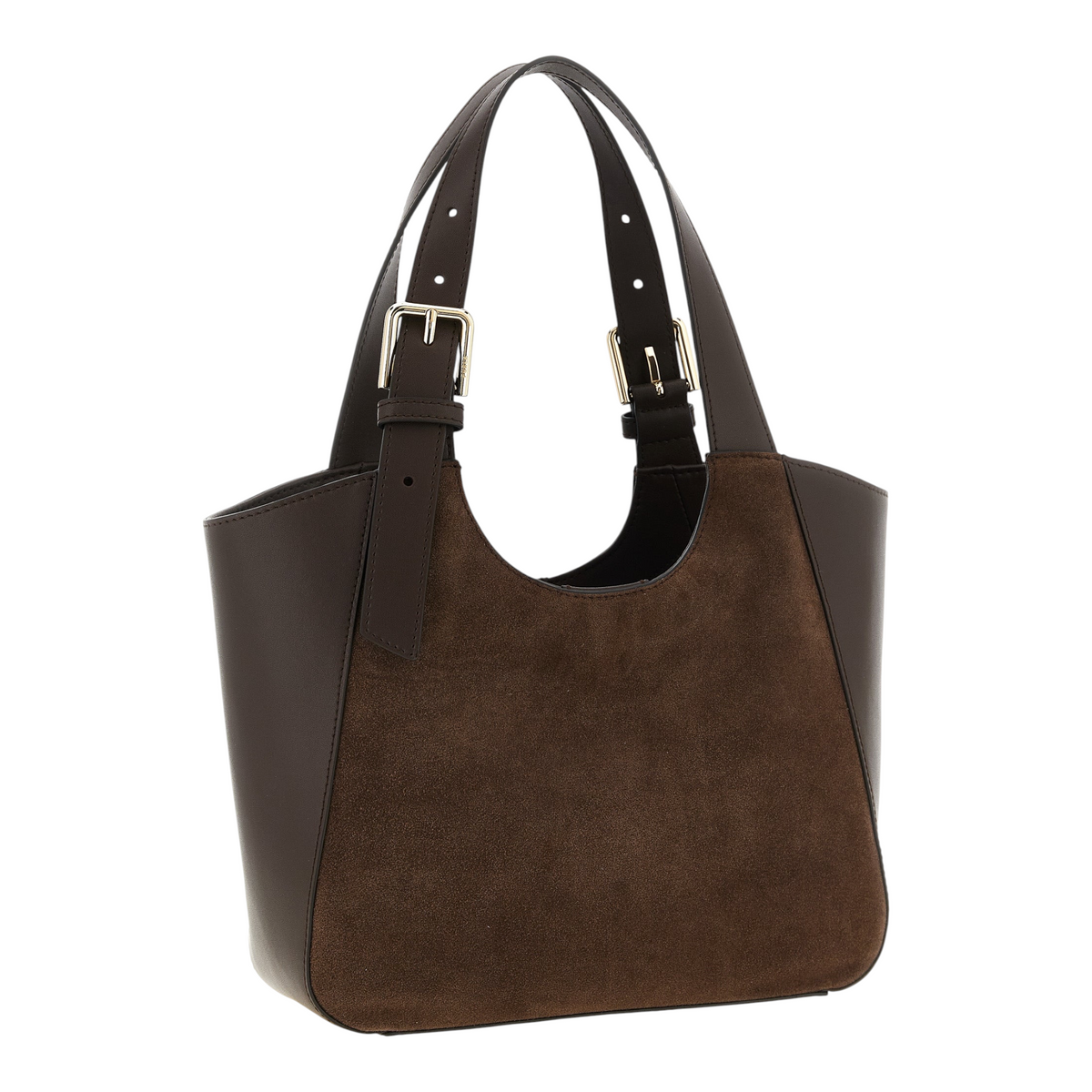 Bolso tote Furla Dora S de XT & Co en piel de becerro marrón y ante con asas ajustables y hebillas metálicas.