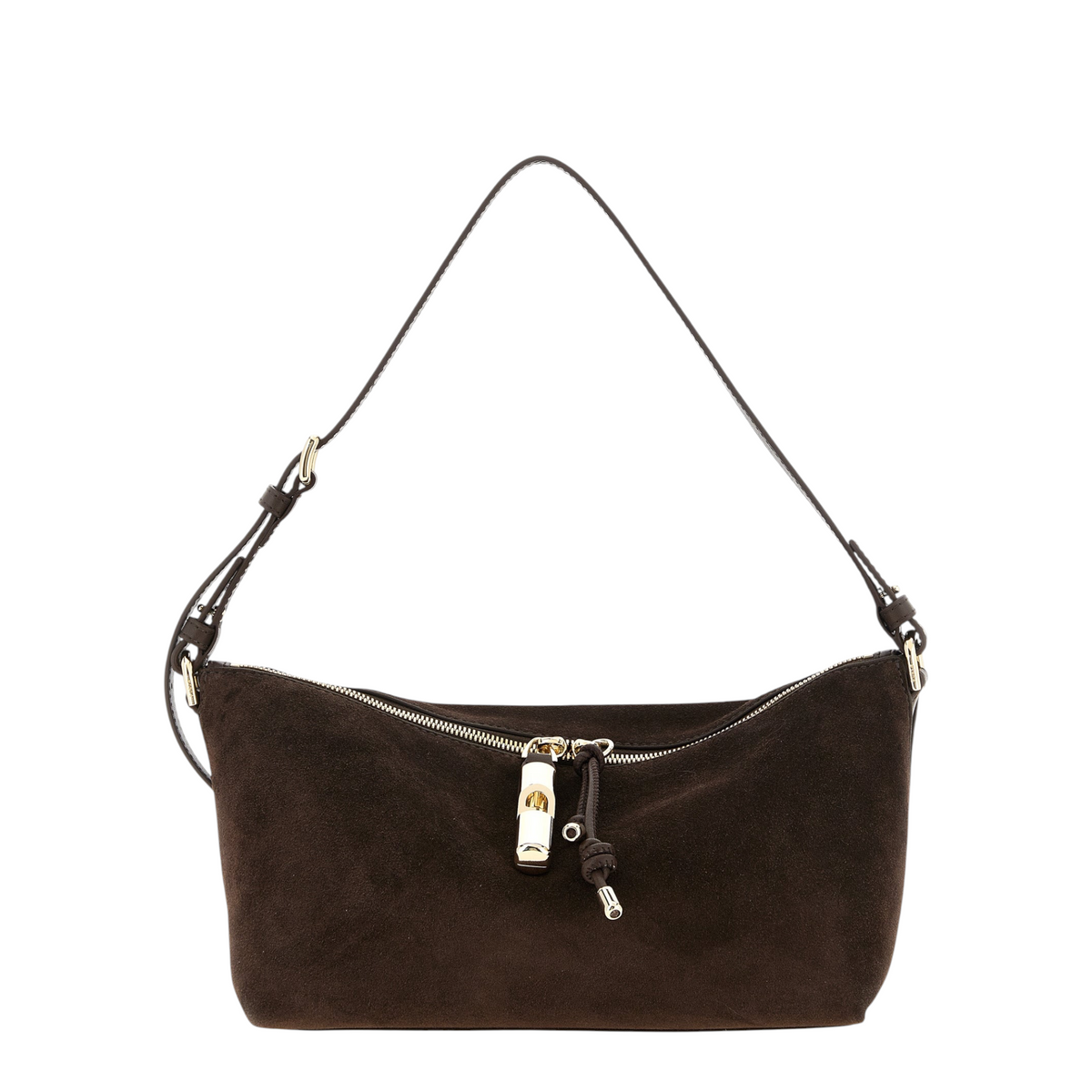 Bolso de hombro Furla Debby de ante marrón de XT & Co con detalles metálicos dorados y cierre de cremallera