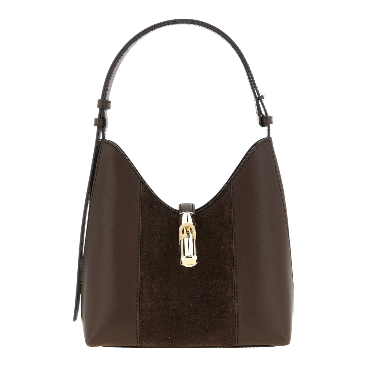Bolso de hombro Furla Goccia S de XT & Co en piel de becerro marrón con panel de ante y cierre metálico dorado.