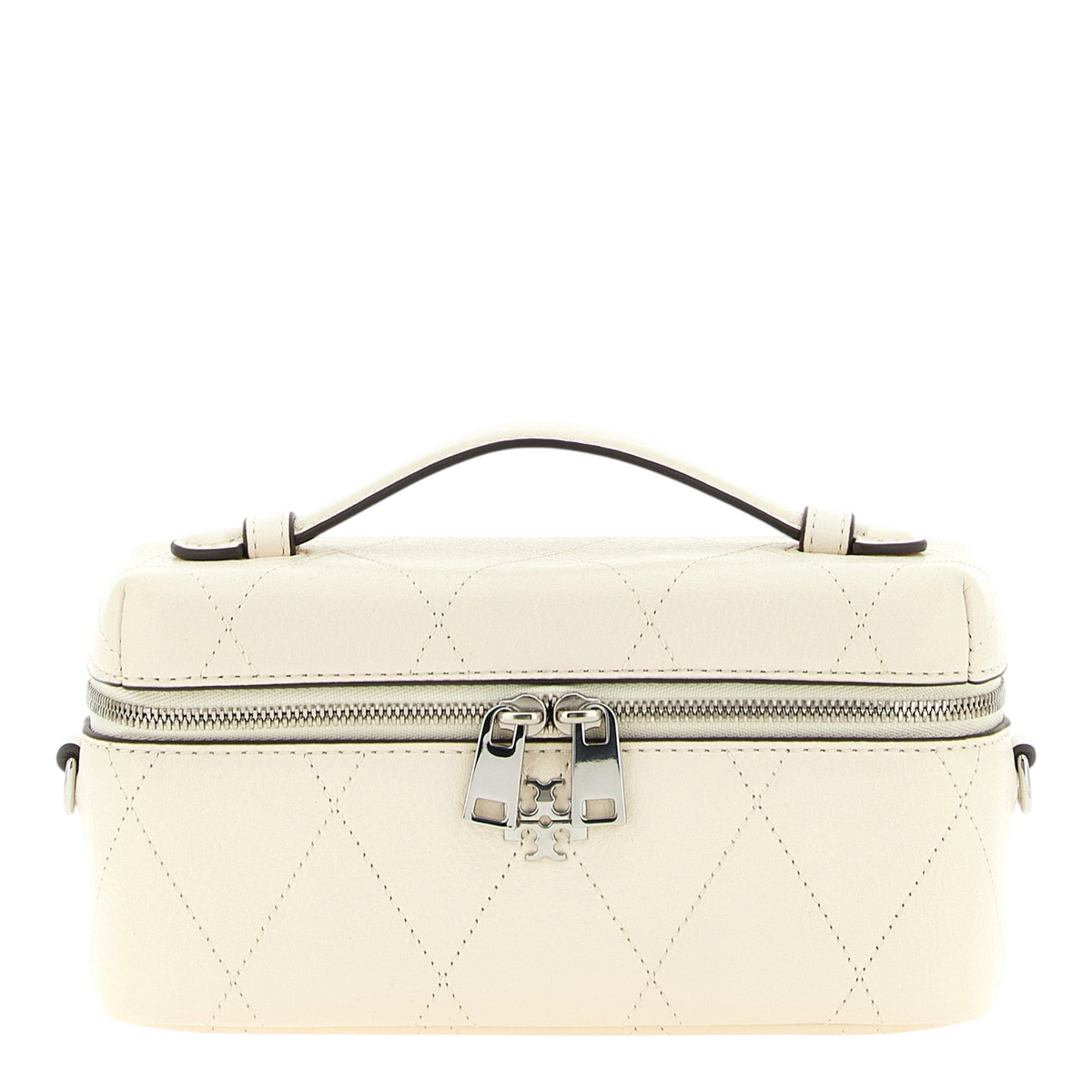 Bolso bandolera XT & Co Charlie en piel color crema con acolchado de diamantes, asa superior y cremallera plateada.
