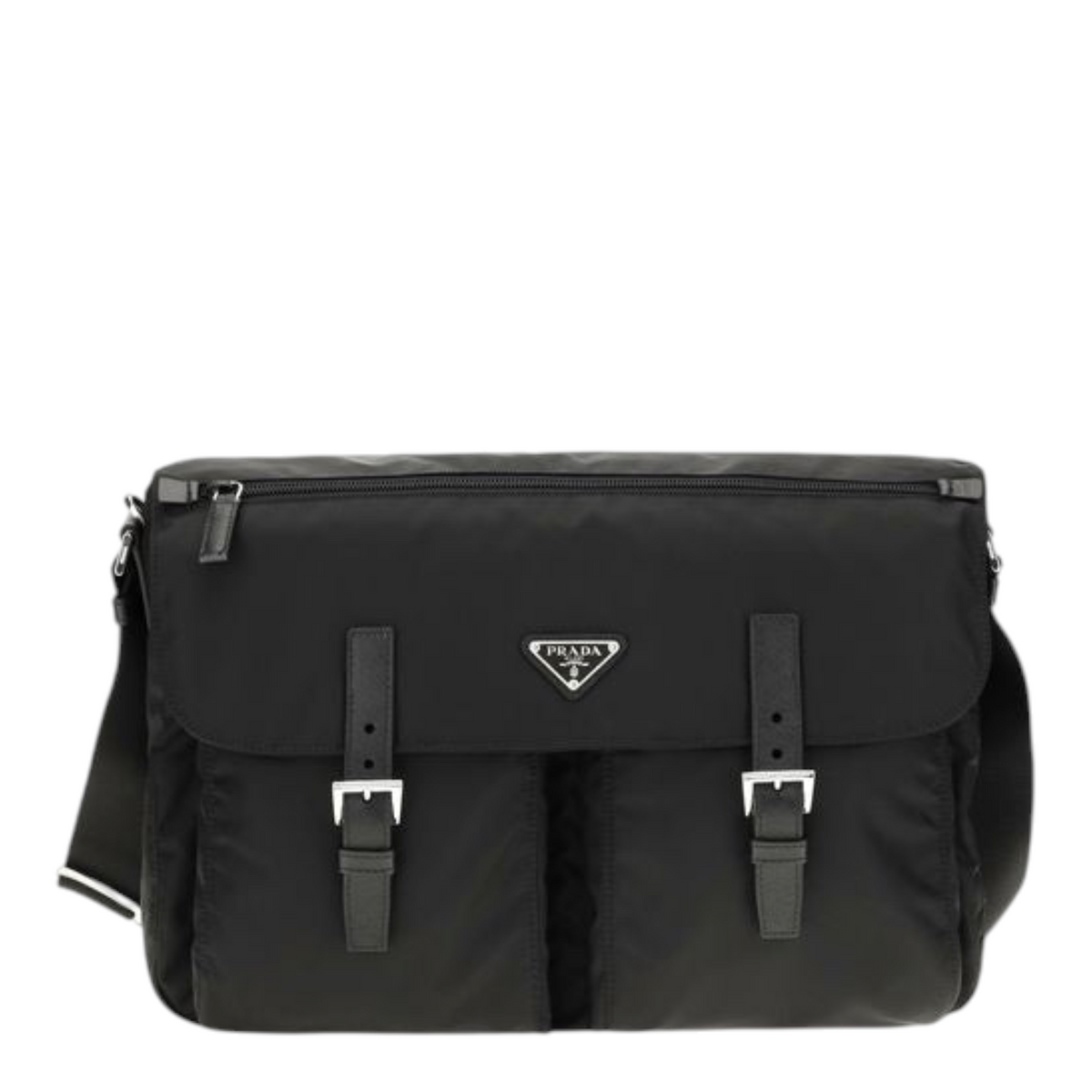 Bolso de hombro XT & Co Prada en Re-Nylon negro con solapa, hebillas y logo triangular esmaltado frontal