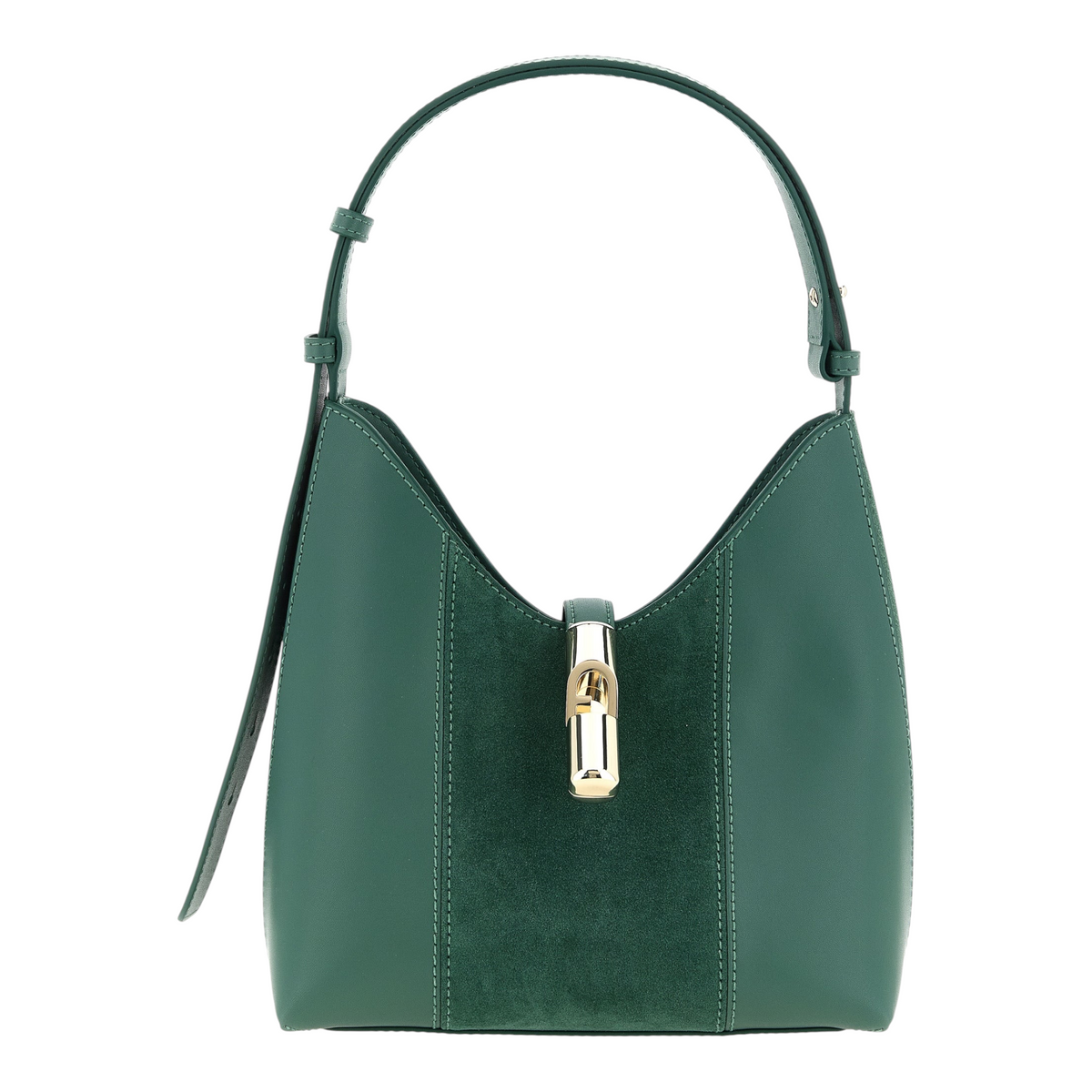 Bolso de hombro Furla Goccia S de XT & Co en piel verde bosque con panel de ante y cierre cilíndrico dorado