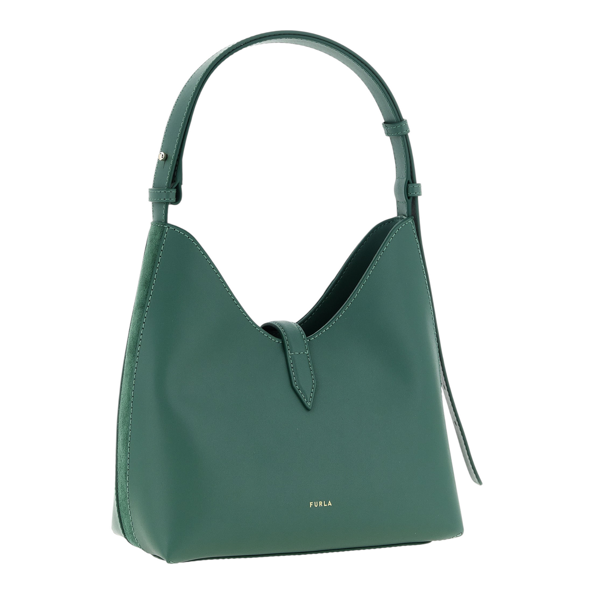 Bolso de hombro Furla Goccia S de XT & Co en piel verde bosque con panel de ante y cierre dorado