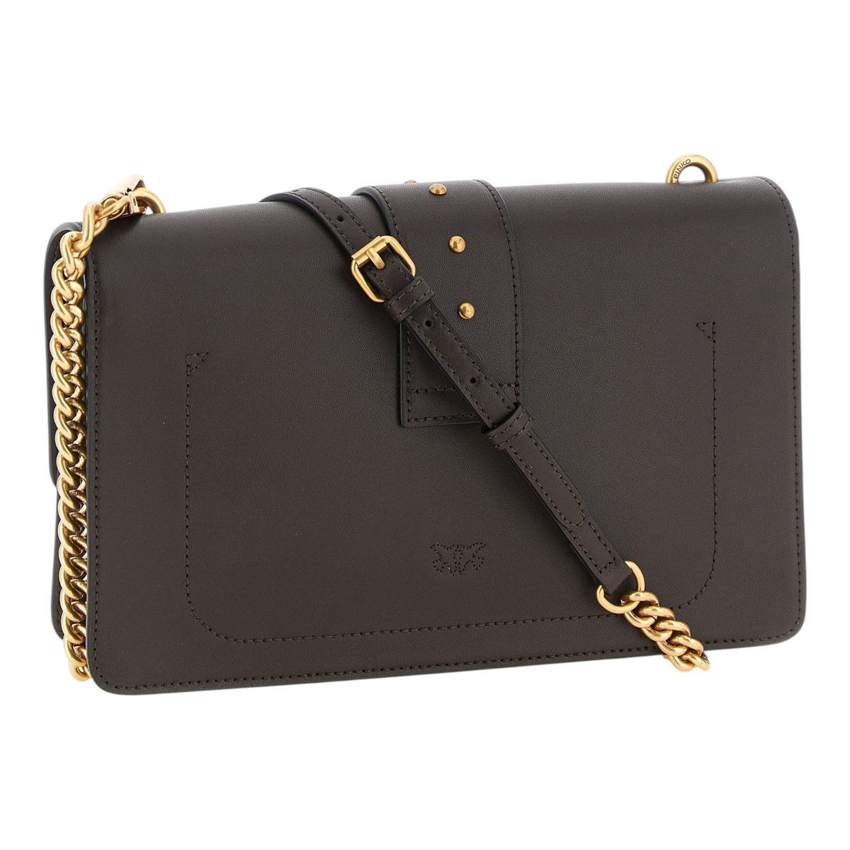 Bolso bandolera XT & Co PINKO Love One Classic en piel de becerro marrón oscuro con correa de cadena dorada