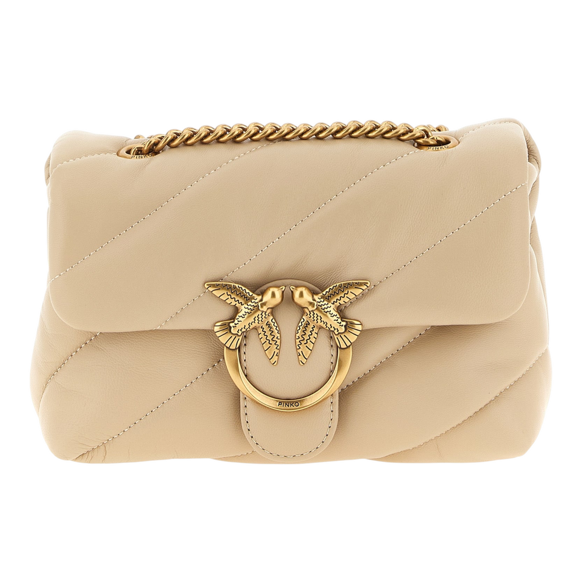 Bolso bandolera XT & Co PINKO Mini Love Puff beige de piel de oveja acolchada con hebilla Love Birds dorada