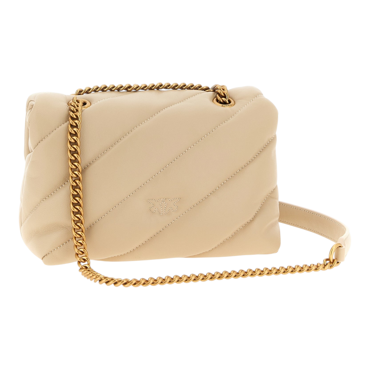 Bolso bandolera XT & Co PINKO Mini Love Puff en piel de oveja beige con acolchado diagonal y cadena dorada