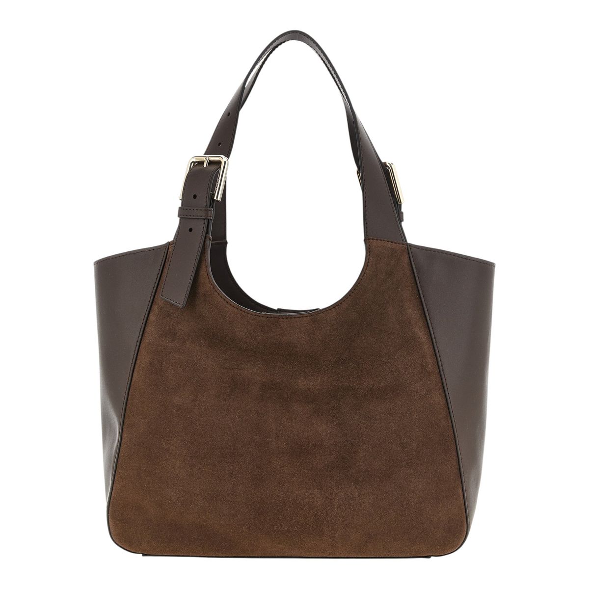 Bolso tote Furla Dora M de XT & Co en ante marrón y piel con asas ajustables y detalles de hebillas doradas