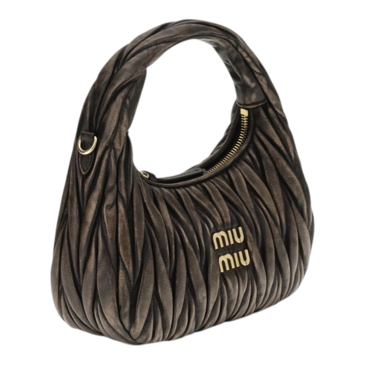 Bolso hobo Wander de XT & Co en piel nappa marrón con diseño matelassé acolchado y logotipo metálico dorado.