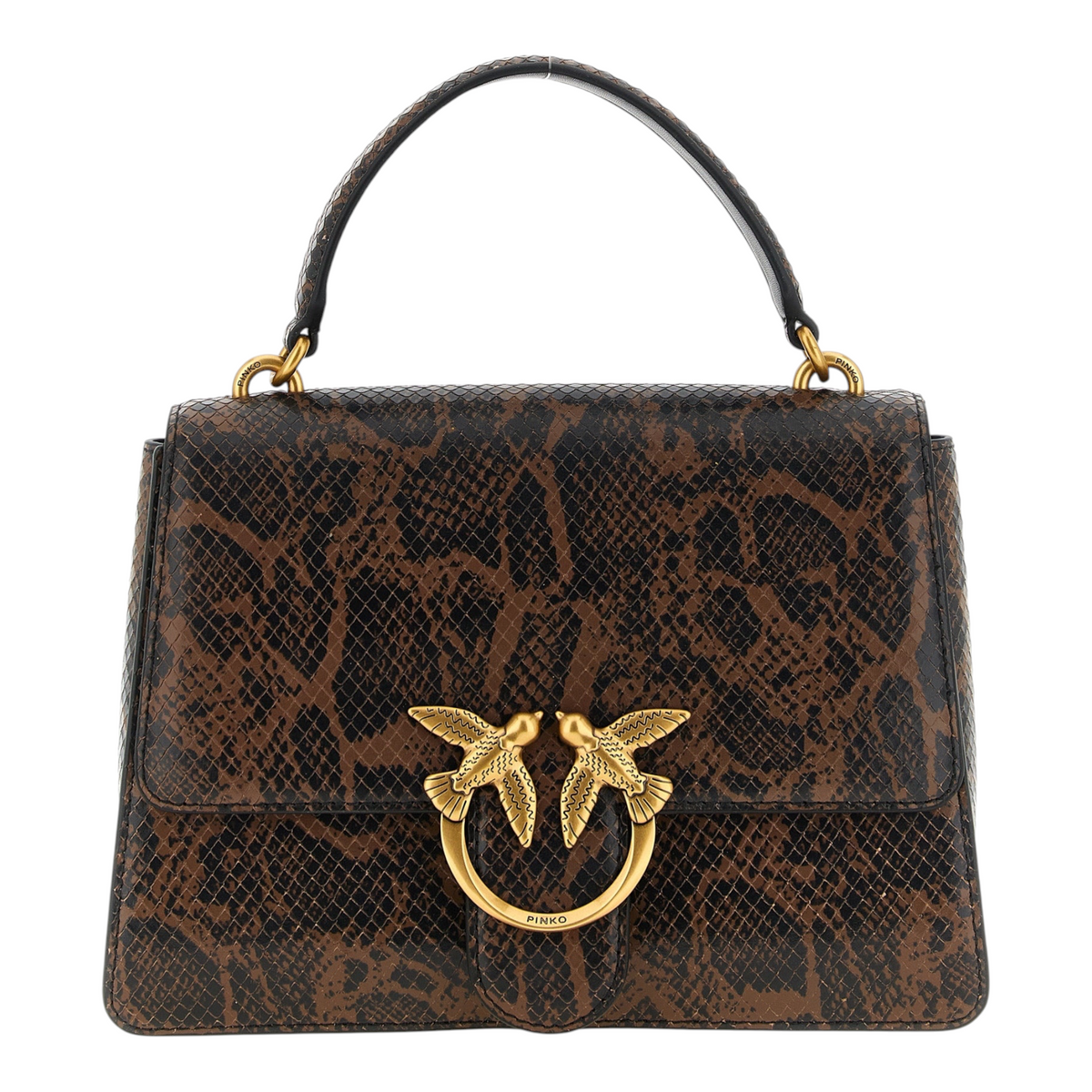 Bolso de mano XT & Co PINKO Love One Light en piel de becerro marrón con estampado de pitón y hebilla dorada