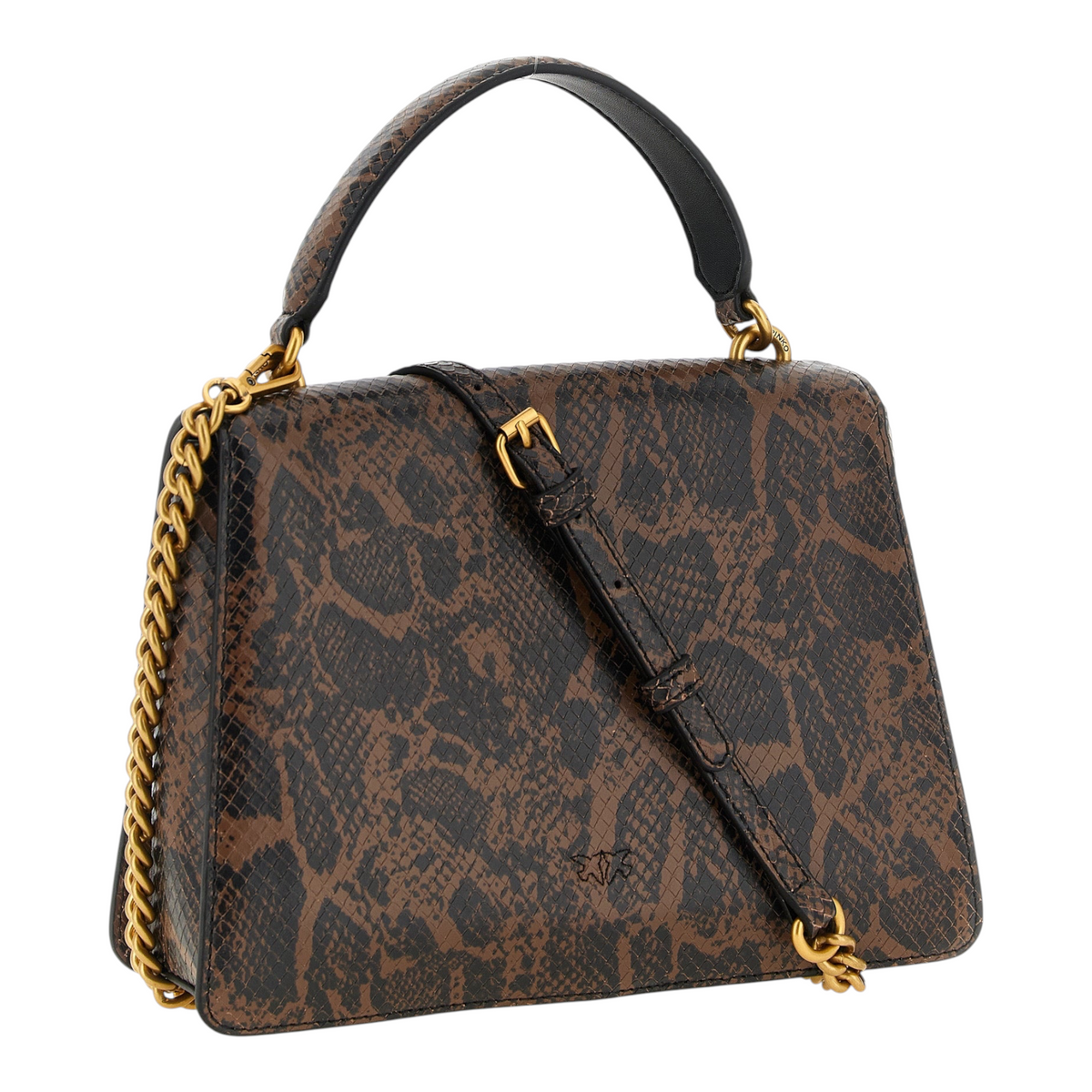 Bolso de mano XT & Co PINKO Love One Light en piel de becerro marrón con estampado de pitón y detalles dorados