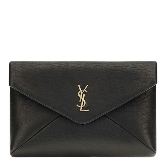 Bolso de mano tipo sobre XT & Co Saint Laurent en piel de cordero negra con logo Cassandre y herrajes bronce
