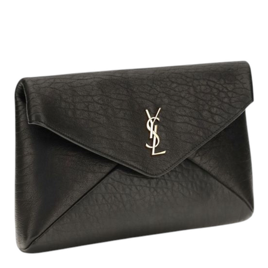Bolso de mano tipo sobre XT & Co Saint Laurent en piel de cordero negra con logotipo Cassandre y herrajes bronce