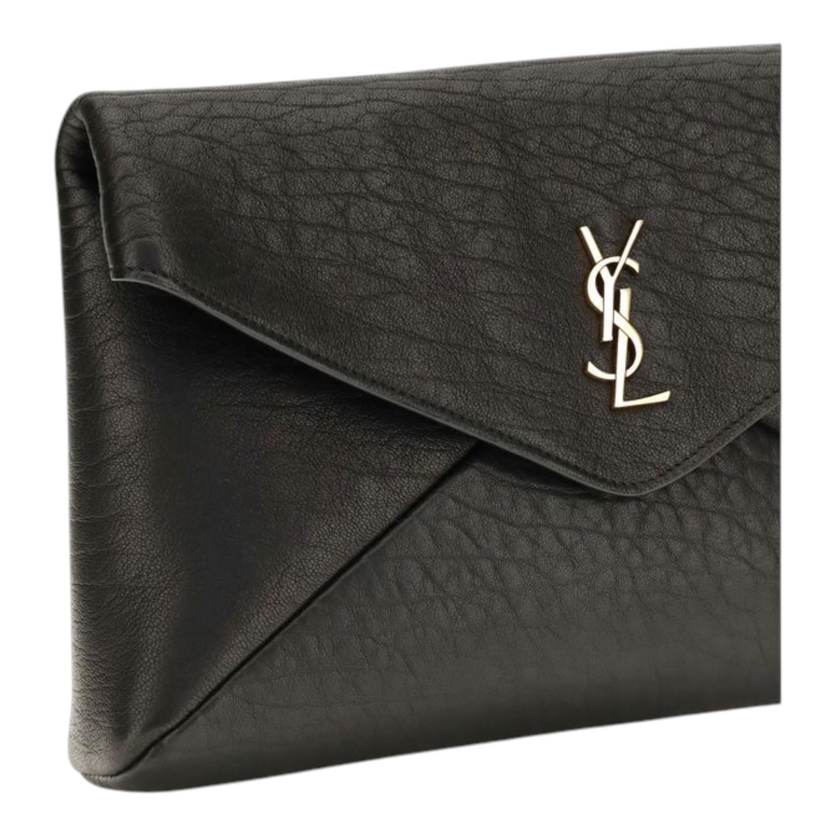 Bolso de mano tipo sobre XT & Co Cassandre en piel de cordero negra con logo metálico en tono bronce