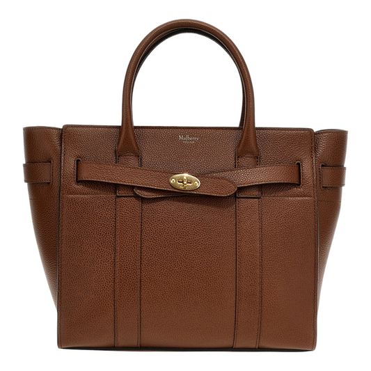 Bolso tote Mulberry Bayswater de XT & Co en piel bovina marrón con cierre de cremallera y detalles metálicos dorados.