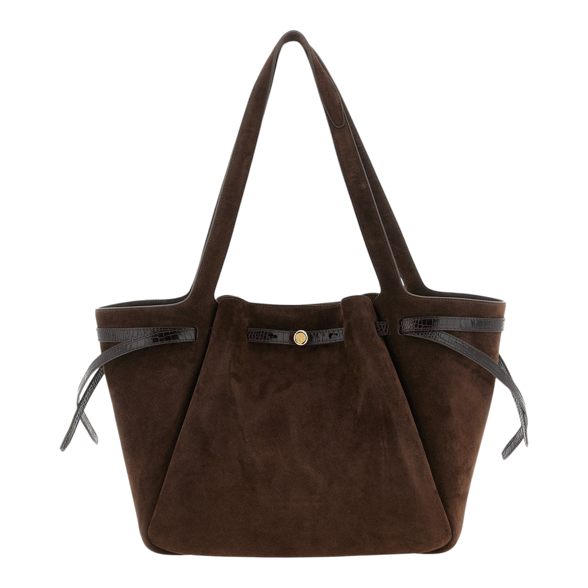 Bolso tote Romy de XT & Co en ante marrón con correa de piel efecto cocodrilo y detalle de botón dorado.