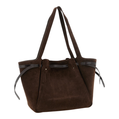 Bolso tote Romy de XT & Co en ante marrón con correa de piel con estampado de cocodrilo y detalle de botón dorado.