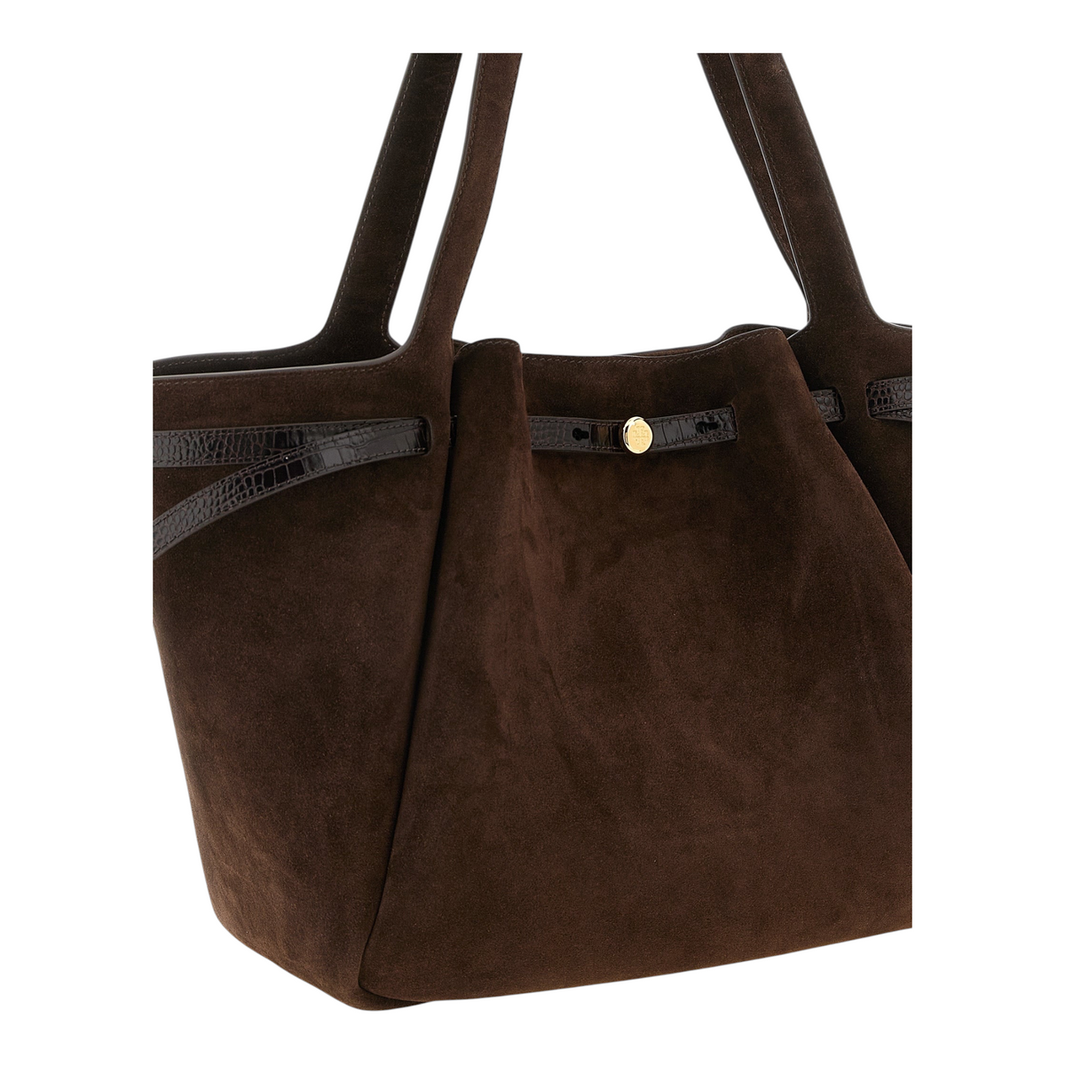 Bolso tote Romy de XT & Co en ante marrón con correa de piel efecto cocodrilo y detalle de botón dorado.