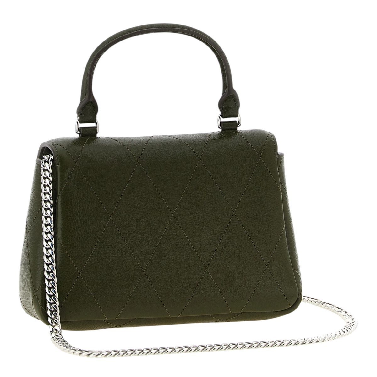 Bolso mini Charlie de XT & Co en piel verde martillada con costuras de diamante, asa superior y correa de cadena