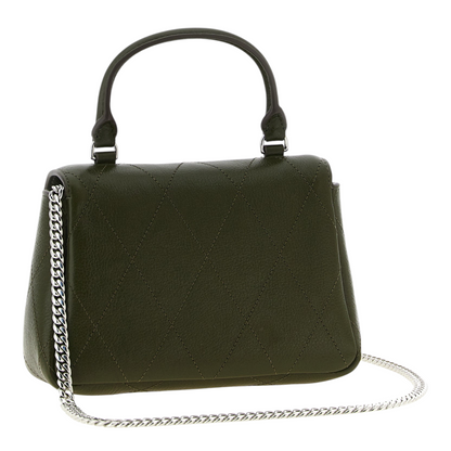 Bolso mini Charlie de XT & Co en piel verde martillada con costuras de diamante, asa superior y correa de cadena