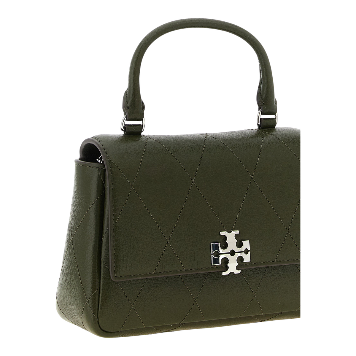 Bolso mini Charlie de XT & Co en piel verde martillada con costuras de diamante y logo Double T en solapa magnética.