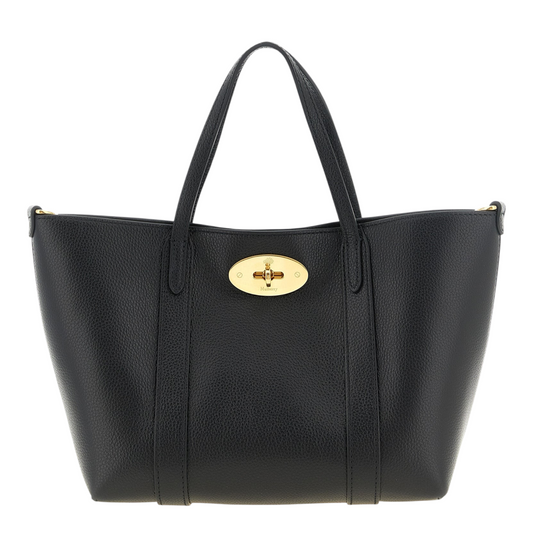 Bolso tote Mulberry Bayswater de XT & Co en piel granulada negra con cierre Postman's Lock dorado y asas superiores.