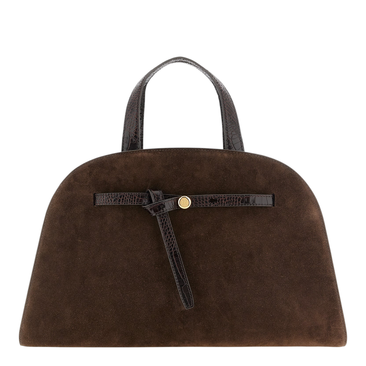 Bolso Romy Trunk de XT & Co en ante marrón con detalles de piel efecto cocodrilo y botón dorado Double T
