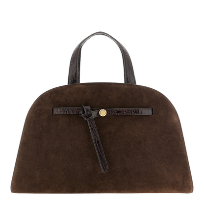 Bolso Romy Trunk de XT & Co en ante marrón con detalles de piel efecto cocodrilo y botón dorado Double T