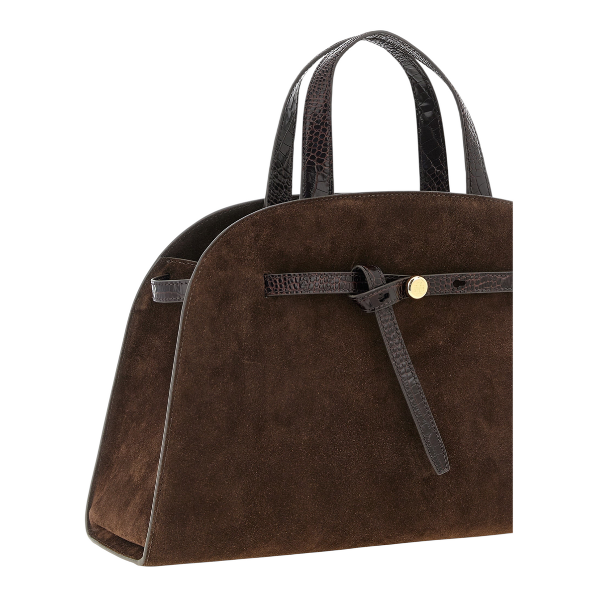 Bolso Romy Trunk de XT & Co en ante marrón con detalles de piel efecto cocodrilo y cierre de botón dorado