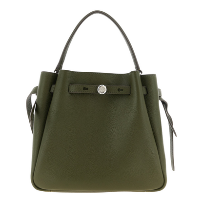 Bolso tipo bucket Romy de XT & Co en piel granulada verde oliva con logo Double T plateado y asa superior fija