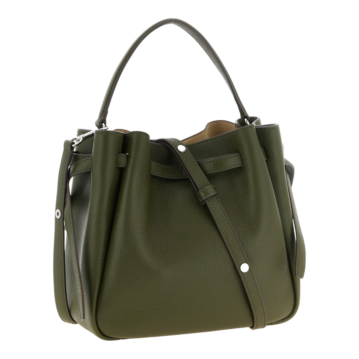 Bolso tipo bucket Romy de XT & Co en piel martillada color verde oliva con logo Double T y asa superior fija.