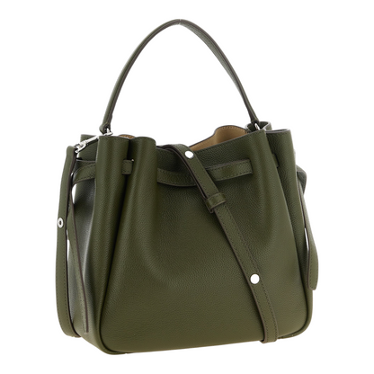 Bolso tipo bucket Romy de XT & Co en piel martillada color verde oliva con logo Double T y asa superior fija.