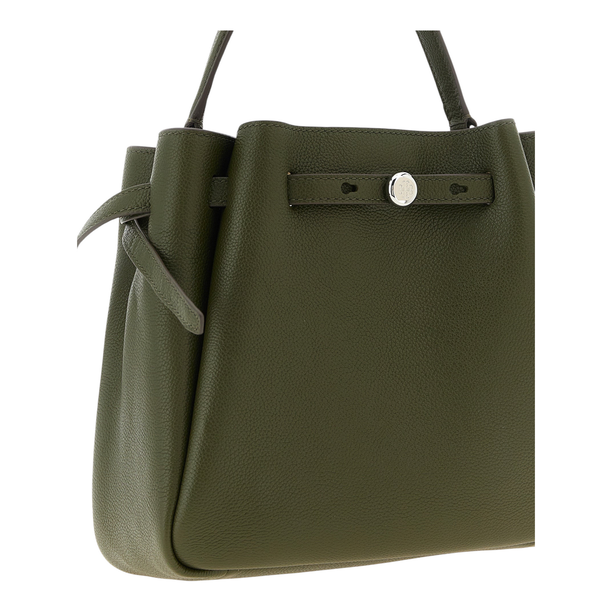 Bolso tipo bucket Romy de XT & Co en piel granulada color verde oliva con detalle de logo Double T en perno plateado.