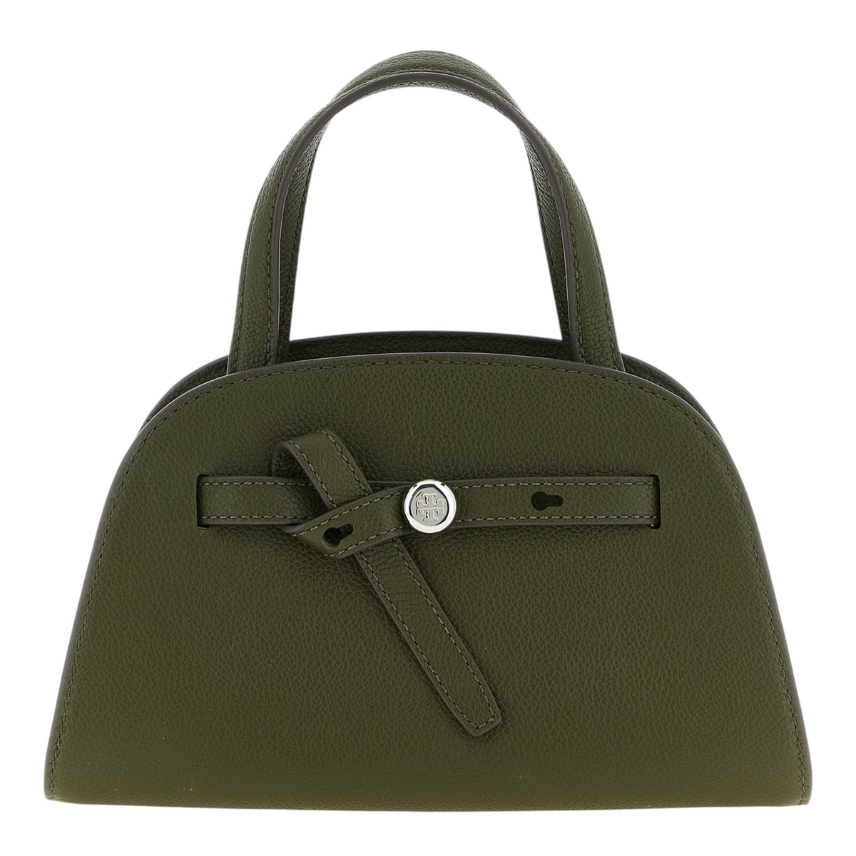Bolso pequeño Romy de XT & Co en piel martillada verde oliva con correa frontal anudada y botón plateado con logo