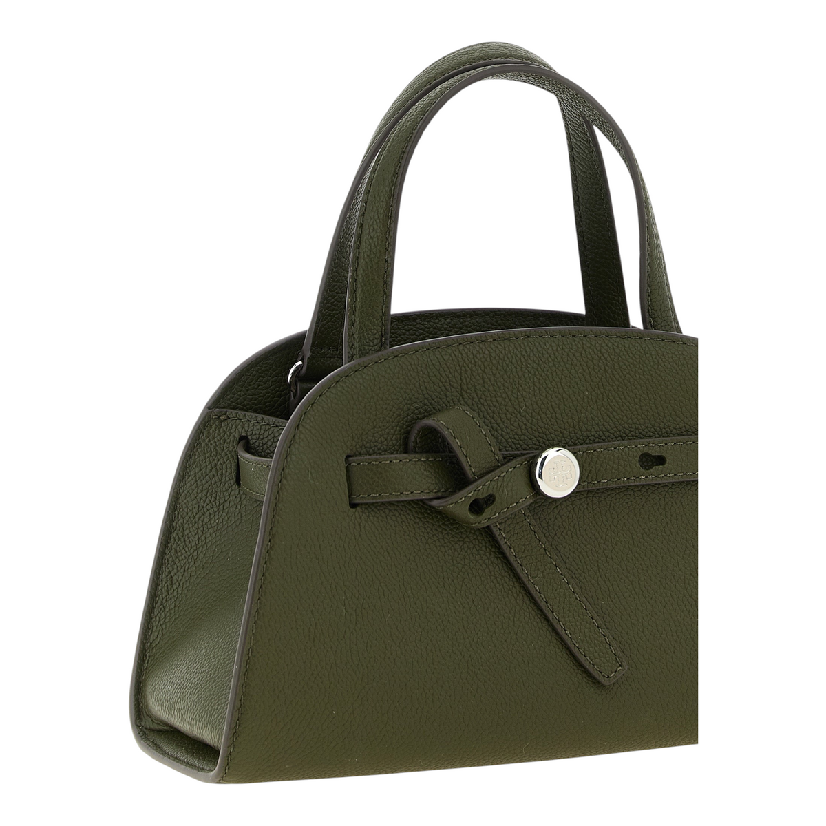 Bolso pequeño Romy de XT & Co en piel granulada verde oliva con detalle de nudo frontal y botón plateado.