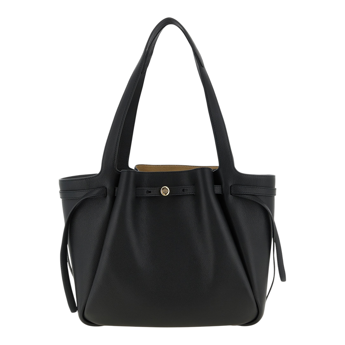 Bolso tote Romy de XT & Co en piel negra martillada con asas integradas y detalle de placa con logo dorado